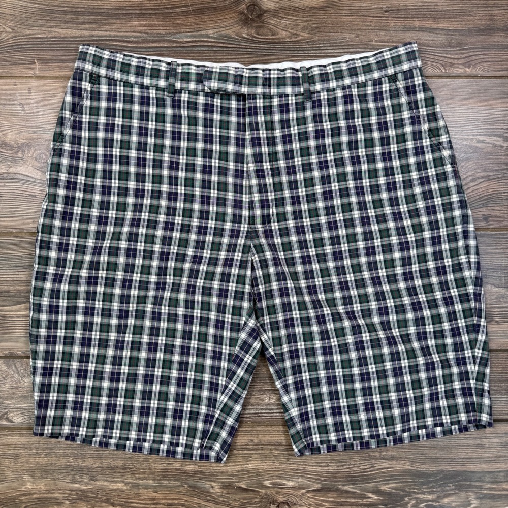 Polo Ralph Lauren Mens Size 40 Shorts Green Navy Plaid Cotton Flat Front